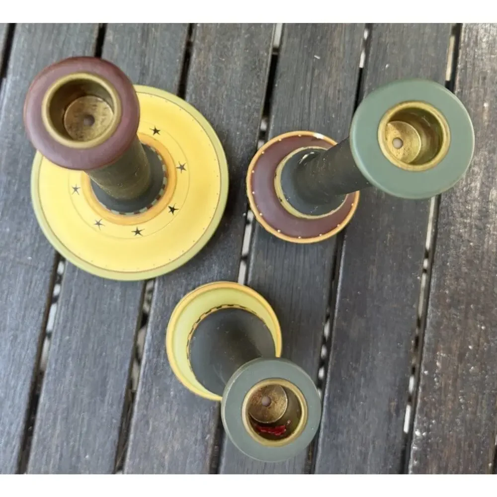 Vintage SET OF 3 Folk Art Candlestick Hiolders Williraye Studio Hand Painted
